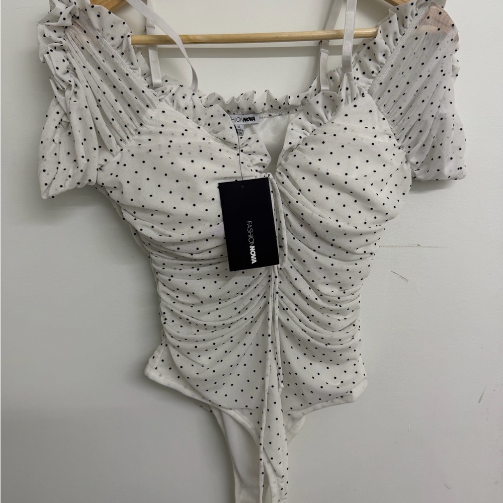 Fashion Nova White and Black Dotted Ruched Bodysuit